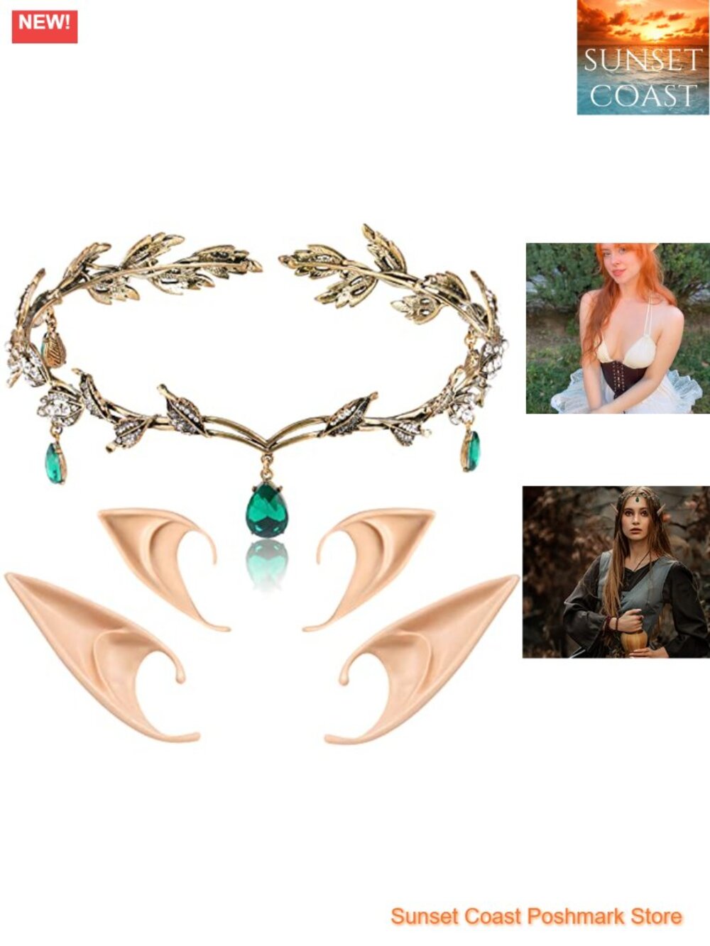 Elf Ears Crown Set Silicone Fairy Headpiece Cosplay Halloween Costume